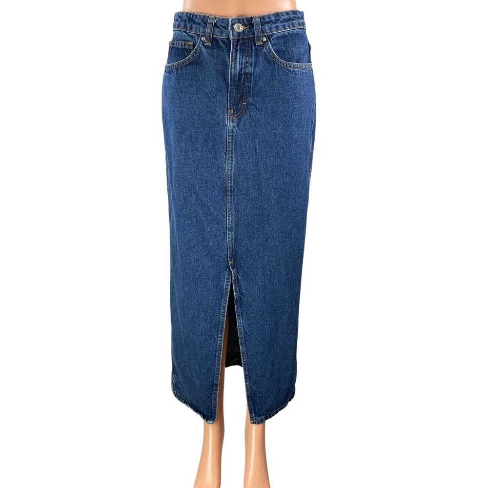 MNG Mango Blue Medium Wash High Waist Slit Straight Midi Denim Jean Skirt S